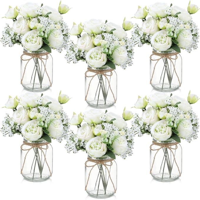 6 Sets Mason Jar Flowers Centerpiece Table Decorations, Artificial Peony Baby's by Zeyune