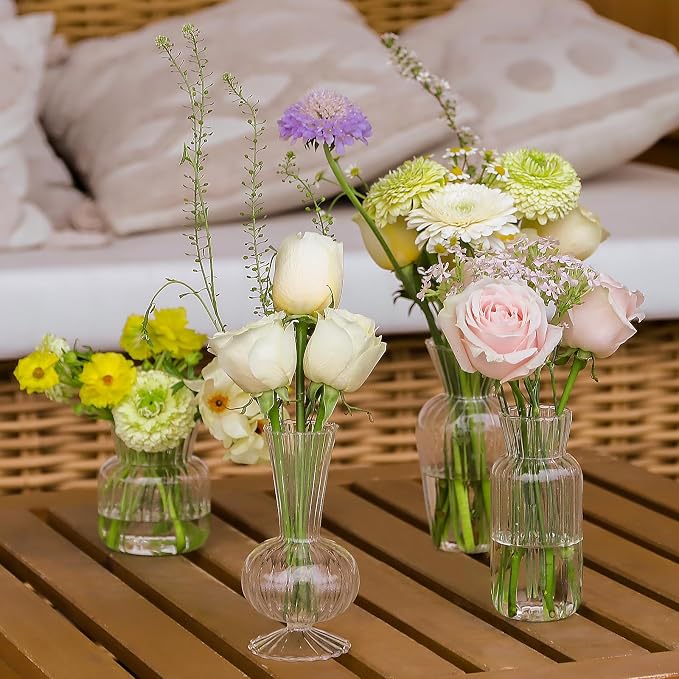12 Pcs Ribbed Glass Bud Vases Set, 4 Styles Clear Small Flower Vases | Mini - Image 5