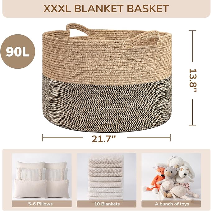 INDRESSME XXXLarge Woven Wicker Blanket Basket Living Room Black Jute, 90L | - Image 4