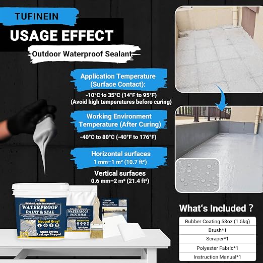 Rubber Liquid Waterproof Sealant, TUFINEIN 53oz/1.5kg Neutral Gray Quick Drying - Image 7