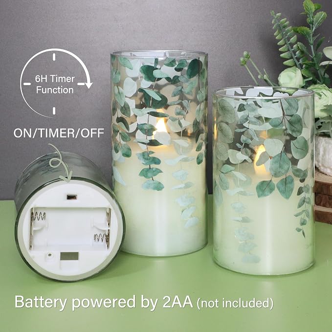 Green Glass Flameless Candles Remote Timer Eucalyptus Leaves Greenery Design - Image 4