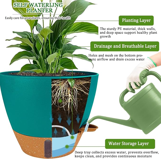 2 Pack 10 inch Plant Pots, Plastic Self Watering Planters | Drainage Holes - Image 3