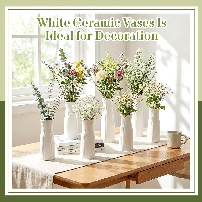 Qinyoung White Ceramic Bud Vase Set of 8 - Image 6