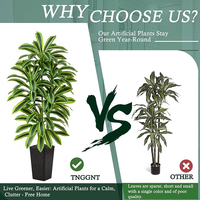 Artificial Dracaena Tree: 6FT Fake Plants Silk Faux Trees（Black Pot） | - Image 4
