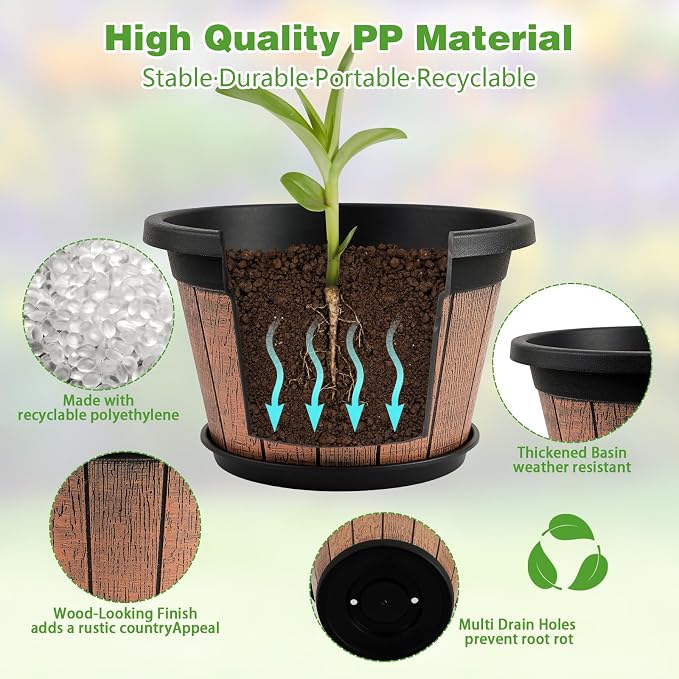 Quarut 4 Pack 10 inch Plant Pots, Whiskey Barrel Planters - Image 4