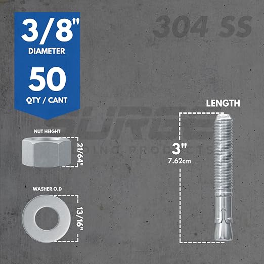 3/8" X 3" 304 Stainless Steel Wedge Anchors - Image 3