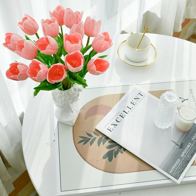 Mandy's 12pcs Artificial Light Pink Open Tulips | 13.5 Inch Lifelike PU Tulips - Image 5