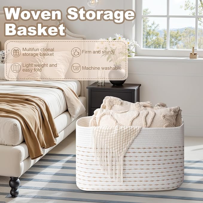OIAHOMY 75L Blanket Basket, Woven Cotton Rope Basket - Image 4