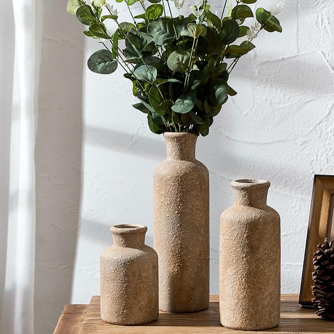 Ceramic Rustic Farmhouse Vase Set of 3, Terracotta Vases - Image 5
