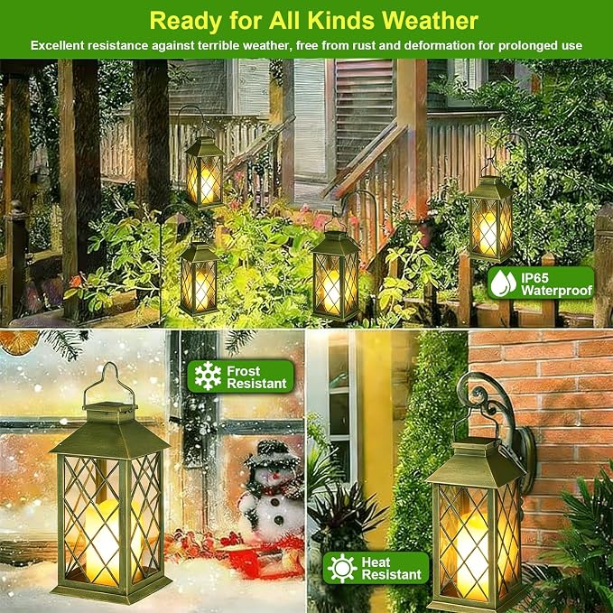 2 Pack 14" Large Tempered Glass Solar Lanterns Outdoor Waterproof | Bronze - Image 6