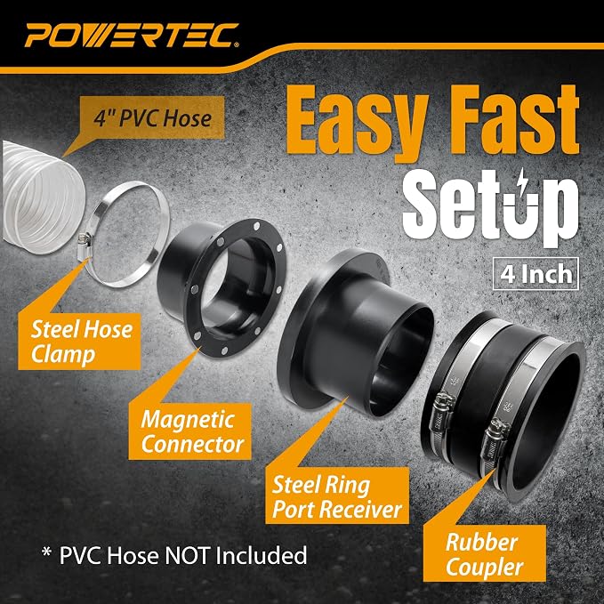 POWERTEC 4” & 2-1/2" Magnetic Dust Collection Fittings Complete Setup Kit - Image 2