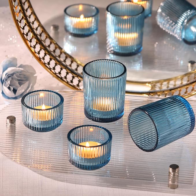 NITIME 20pcs Ribbed Blue Votive Candle Holders, Wedding Table Settings and - Image 6