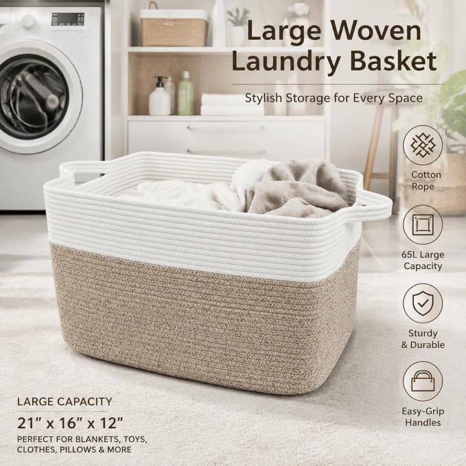 65L Laundry Basket with Handles, Woven Blanket Basket, Living Room - Image 5