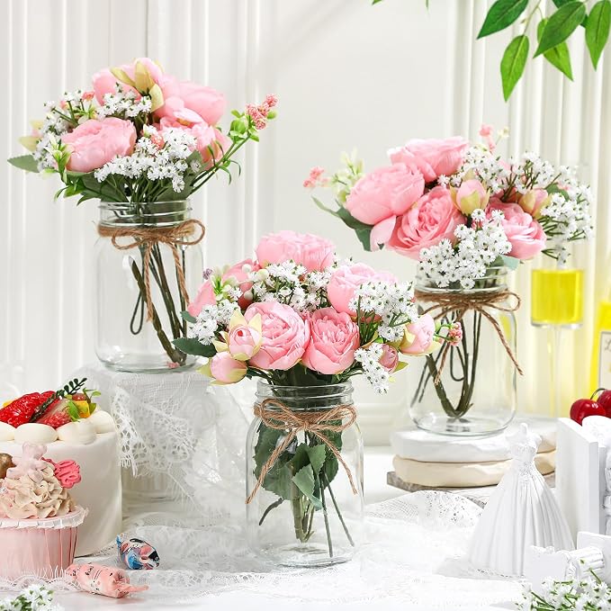 12 Sets Mason Jar Flowers Centerpiece Table Decorations, Light Pink | Faux - Image 3
