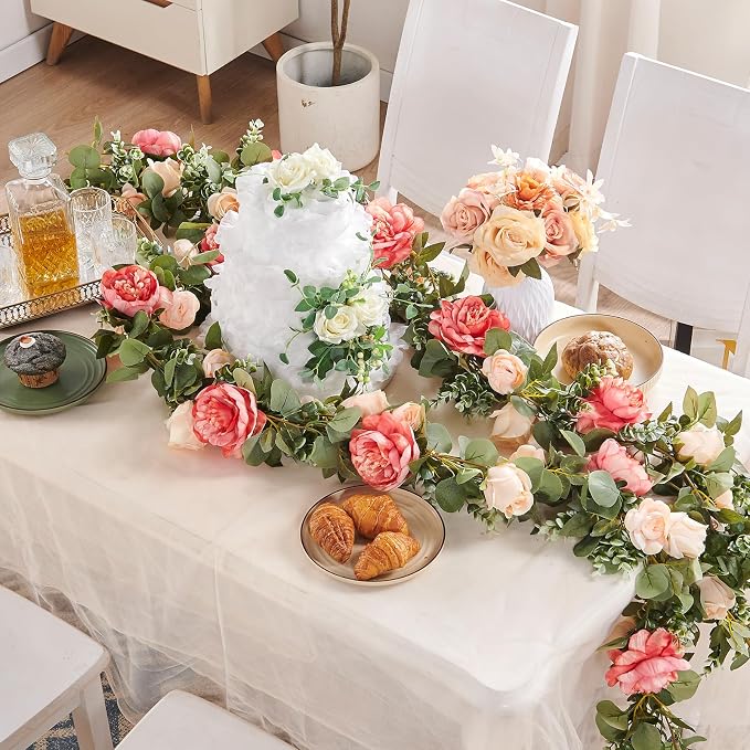 Artificial Flower Garland 5.4ft Rose Vine Decor, Champagne Pink Flower | by PONKING