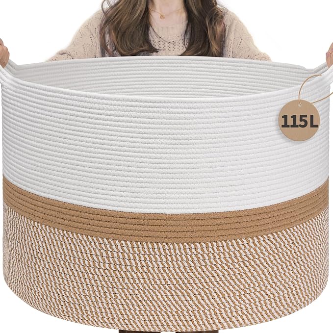 INDRESSME 115L Extra Large Woven Rope Blanket Basket Living Room WhiteCamel | by INDRESSME
