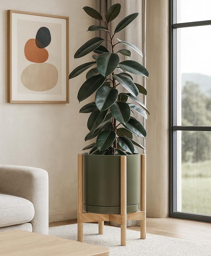 D'vine Dev Ceramic Pot with Natural Wood Stand, 12 in, 55-B-J-J | Mid-Century - Image 2