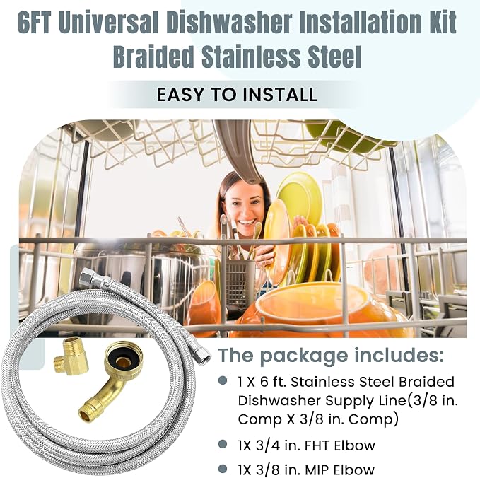 Dishwasher Supply Line Kit, 6 FT Stainless Steel Braided Hose - Image 2