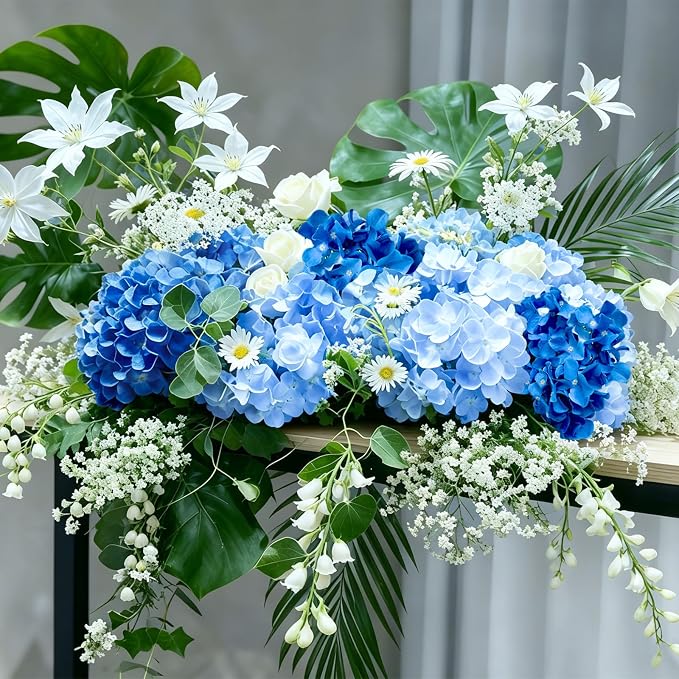 65Pcs Mixed Blue Hydrangea Artificial Flowers Bulk，Realistic Silk Fake Flowers - Image 3