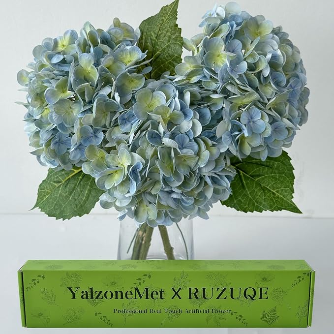YalzoneMet 3 PCS Light Blue-Green Hydrangea Artificial Flowers 21'' Real Touch by YalzoneMet