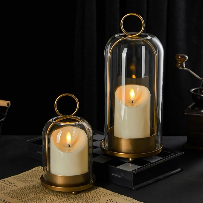 5"&4" Metal Candle Holder with Handmade Glass Dome in Brass & 2 Timer Candles - Image 5