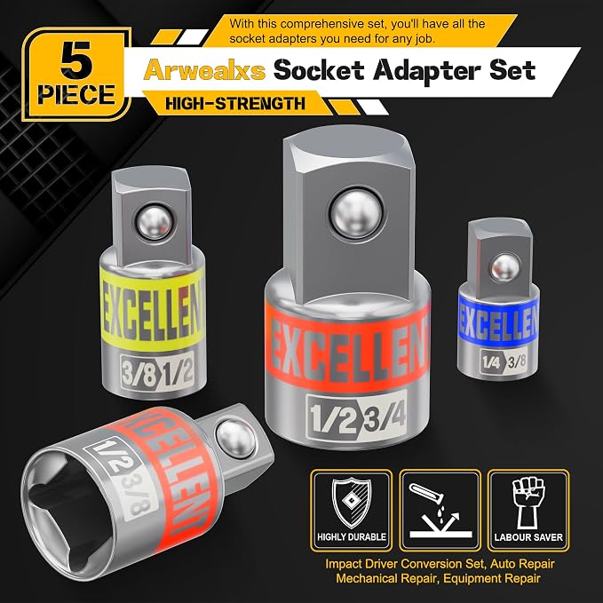 5 Piece Socket Adapter and Reducer Set, 1/4" 3/8" 1/2" Drive Impact Socket - Image 3