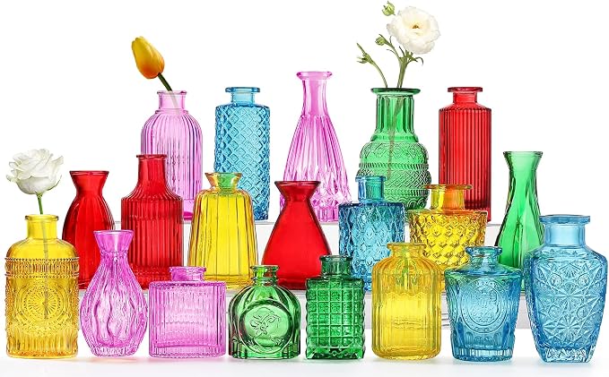 Color Bud Vases in Bulk -Glass Colorful Bud Vase Set Small Flower Glass by QLOFEI