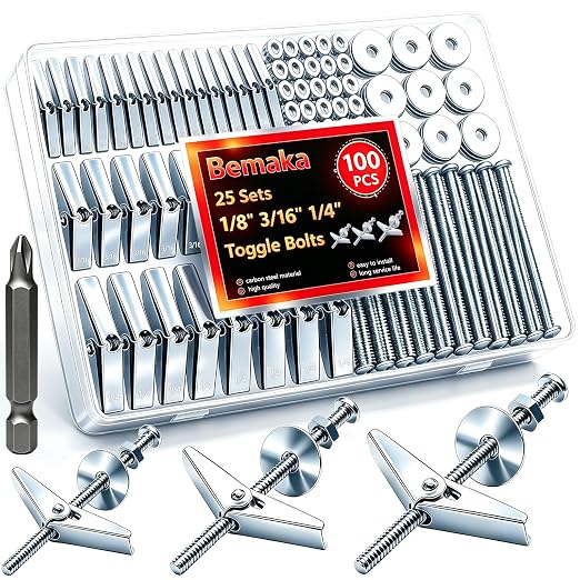 100Pcs Toggle Bolts Drywall Anchors Kit, 25 Sets 1/8" 3/16" 1/4" Heavy Duty by Bemaka