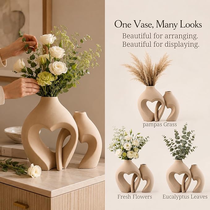 Ceramic Flower Vases Home Decor Heart Shaped Vase Set of 2 | Nordic Heart - Image 8