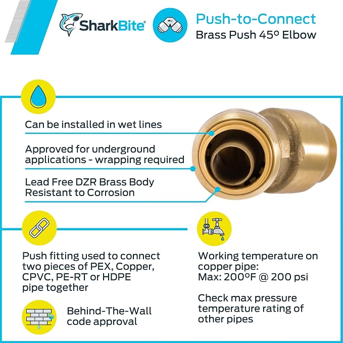 SharkBite 1/2 Inch 45 Degree Elbow, Push to Connect Brass Plumbing Fitting - Image 4