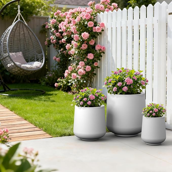 Kante Set of 3 White Concrete Curved Planters 16.5" 13" 9.4" Dia | Drainage - Image 5