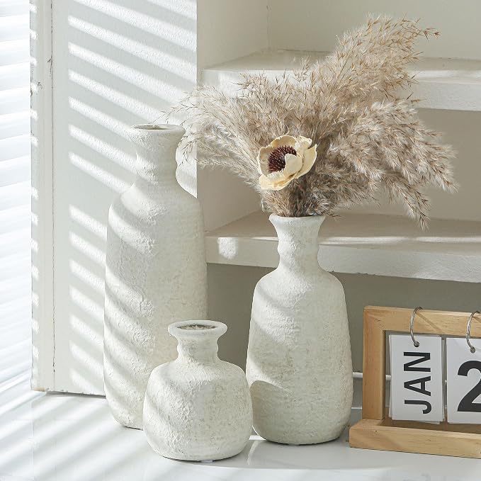 Ceramic Vase Set of 3, Neutral Rustic Vases Home Decor Farmhouse Decorative - Image 5