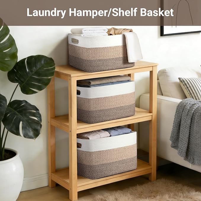 75L Laundry Basket Hamper, Gradient Brown/White, Rectangle Woven Storage Basket - Image 5