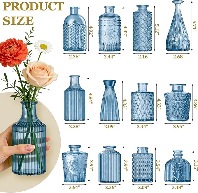 12 Pcs Blue Bud Vases Set, Armber Small Vintage Glass Clear Bud Flower Vases - Image 2