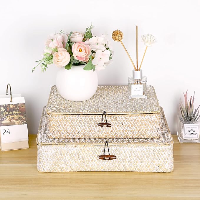 Hipiwe Set of 2 Flat Woven Wicker Basket Bins - Image 2