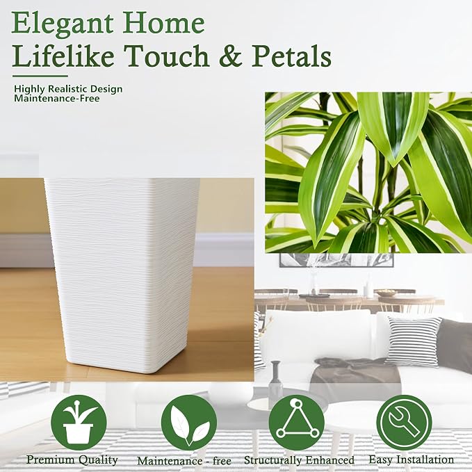 Artificial Dracaena Tree: 5FT Fake Plants Silk Faux Trees（White Pot） | - Image 3