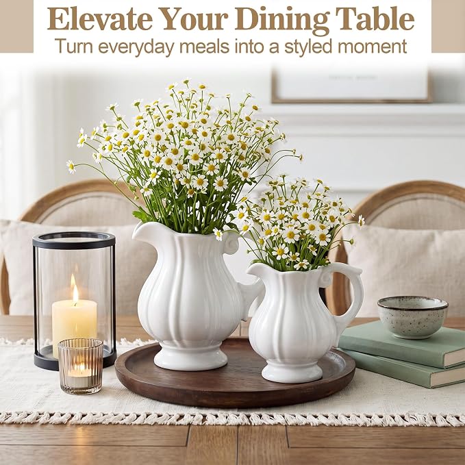 2 Pack White Ceramic Pitcher Vase Set Small Rustic, 7.1in | Decorative Flower - Image 5