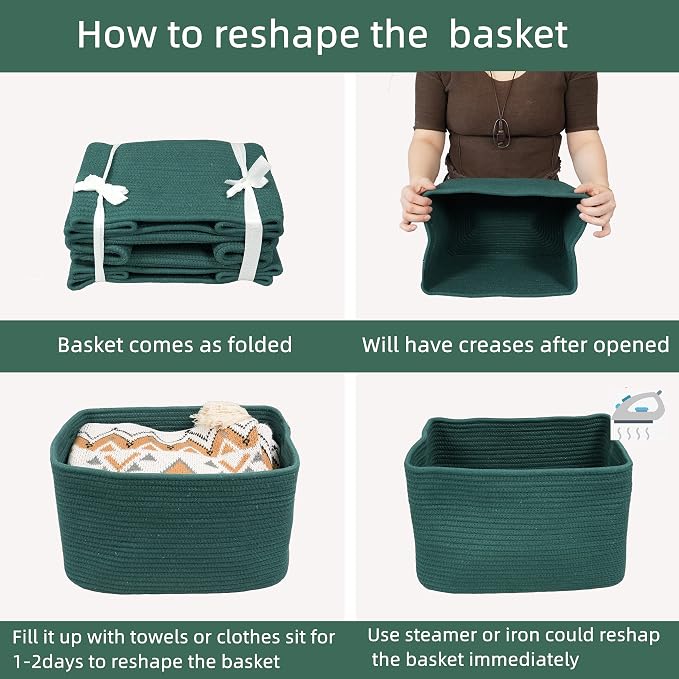 XUANGUO Woven Cotton Rope Storage Baskets 15x10x9.3" 3 Pack Dark Green | - Image 7