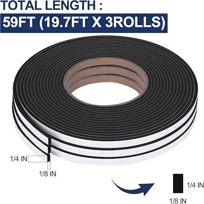 59Ft Foam Tapes Self Adhesive Seal Strips 1/4In x 1/8In x 19.7Ft Each Roll - Image 2
