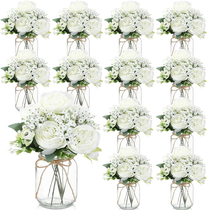 12 Sets Mason Jar Flowers Centerpiece Table Decorations, Artificial Peony by Zeyune