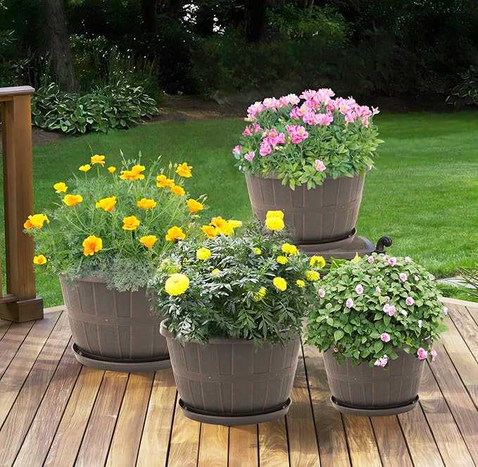 Quarut 4 Pack 10 inch Flower Pots, Plastic Plants Pots Outdoor | Planters - Image 5