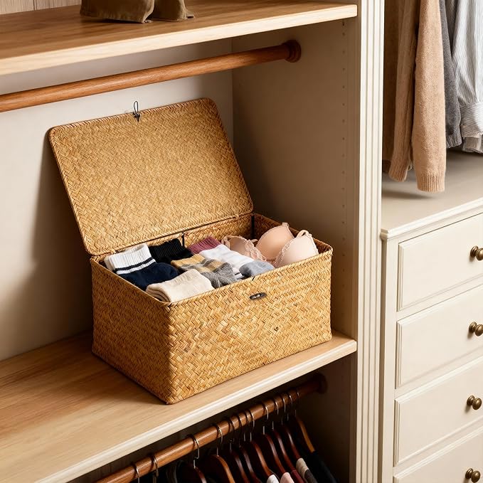 Nonam Large Wicker Basket with Lid, Seagrass Shelf Storage Basket, Natural | - Image 4
