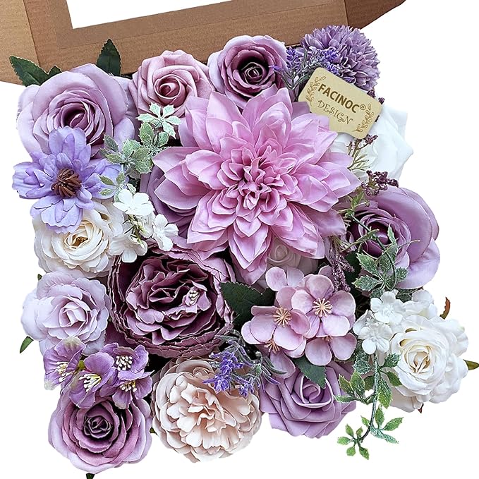 FACINOC Roses Artificial Flowers Purple Bouquet Violet Fake Flower Box Set | by FACINOC