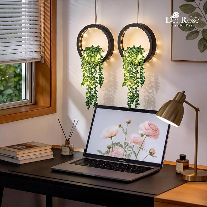 Der Rose 2 Pack Fake Lighted Hanging Succulent Plants - Image 9