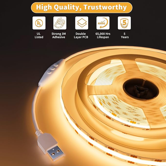 PAUTIX 5V USB COB LED Strip Light 6.56ft/2m 1200lm, Dimmable 640LEDs 2700K Warm - Image 5