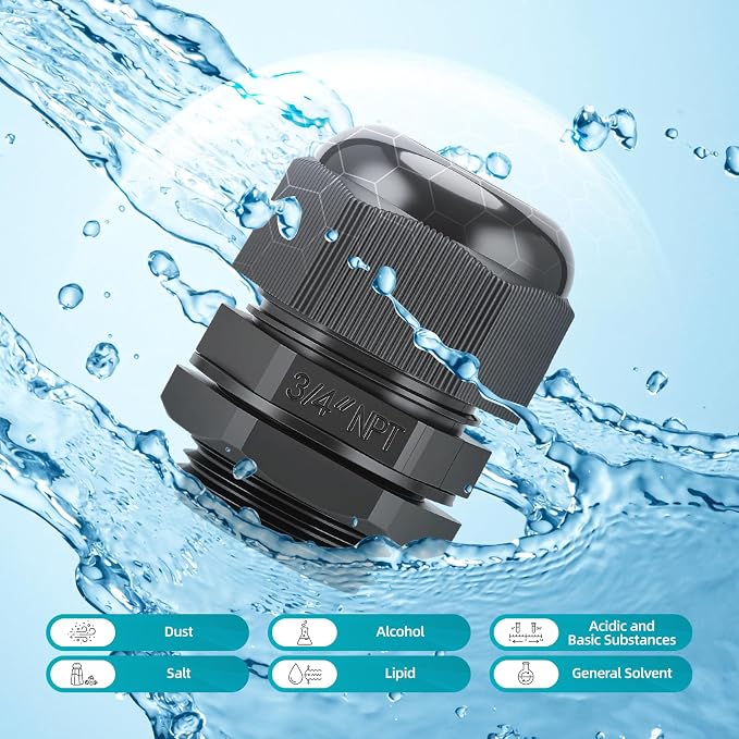 6 Pcs 3/4" NPT Cable Glands, IP68 Waterproof Adjustable Nylon Strain Relief - Image 2