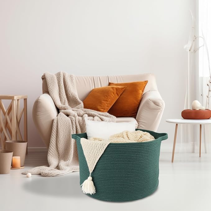 XUANGUO Extra Large Cotton Rope Round Storage Basket 22" x 14" Dark Green | - Image 5