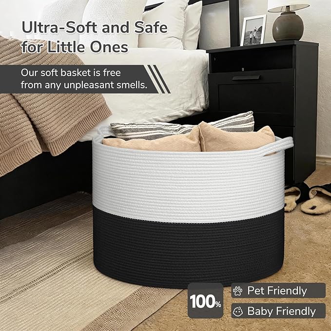 INDRESSME 115L Extra Large Woven Rope Blanket Basket Living Room WhiteBlack | - Image 5