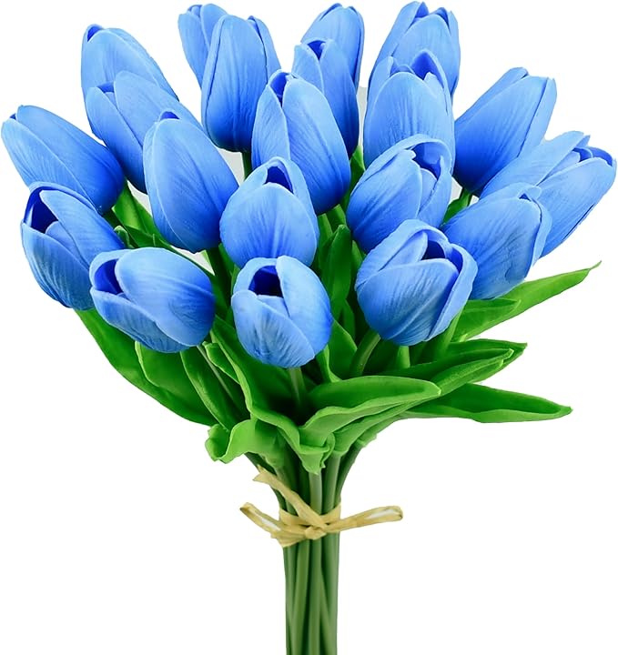 Mandy's 20pcs Artificial Light Blue Tulips | 13.5 Inch Lifelike PU Tulips Faux by Mandys