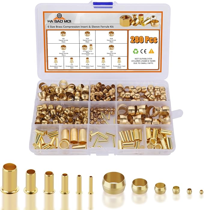 280PCS Brass Compression Sleeve Ferrules Inserts Nuts Fittings Kit | 6 Sizes by Unknown